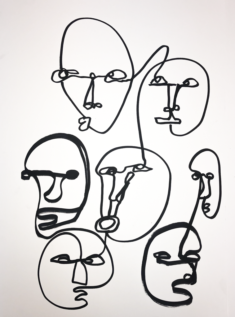 Faces Cluster — ink line drawing on paper