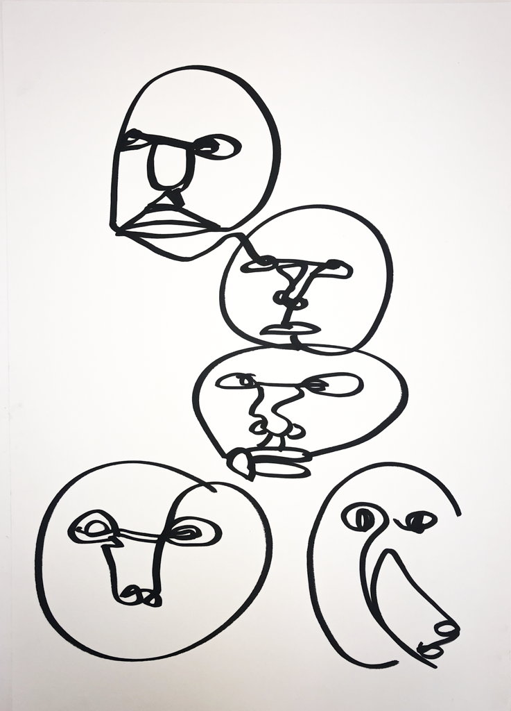 Faces Stack — ink line drawing on paper