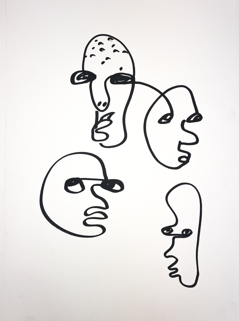 Faces Trio — ink line drawing on paper