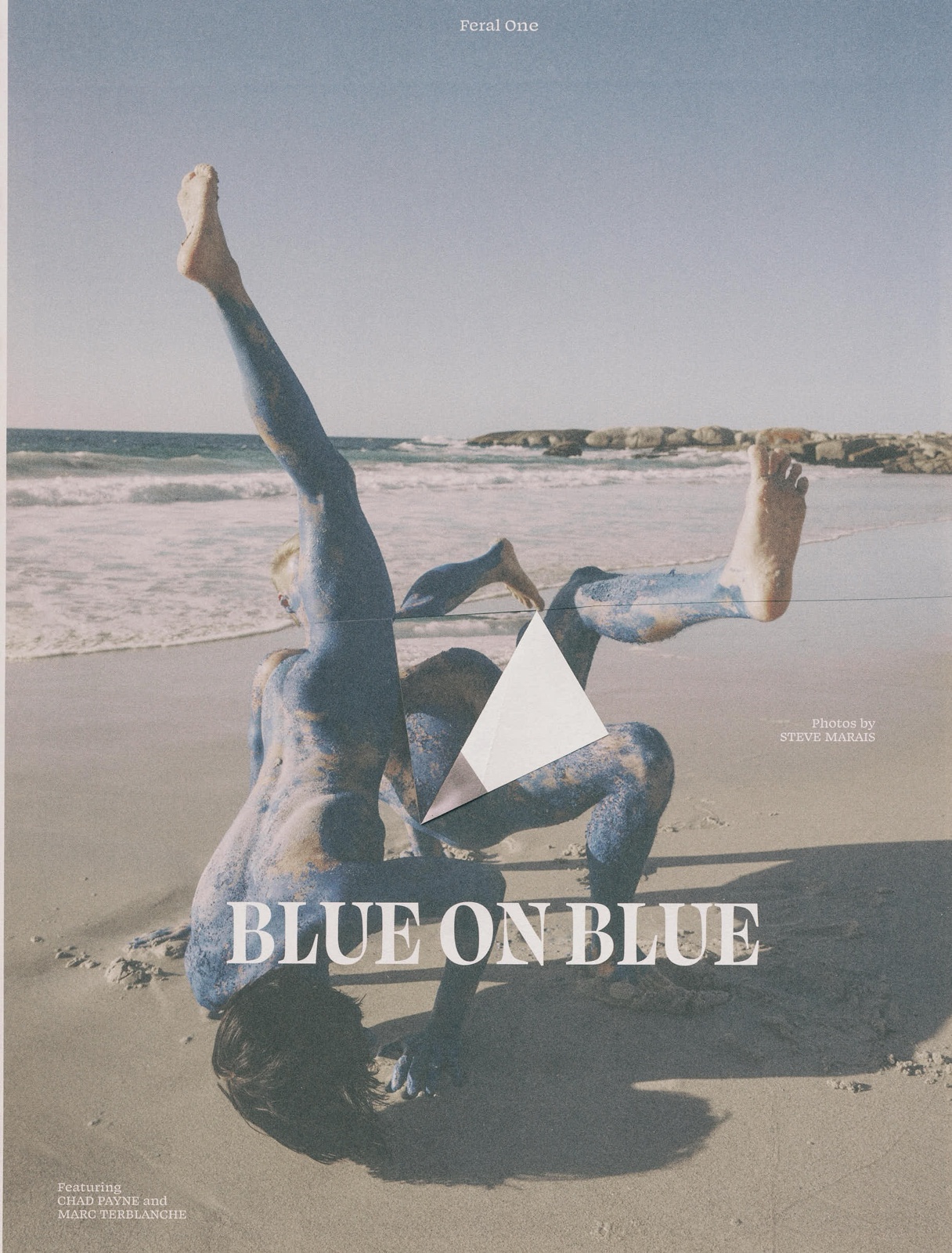 Heavy Feral 'Blue on Blue' editorial opening page, featuring Chad Payne and Marc Terblanche, photographed by Steve Marais